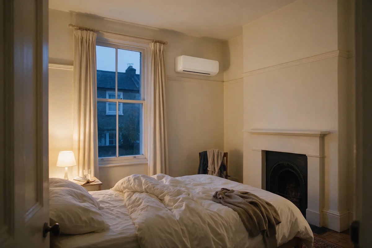 A bedroom in evening light with a bedside lamp on