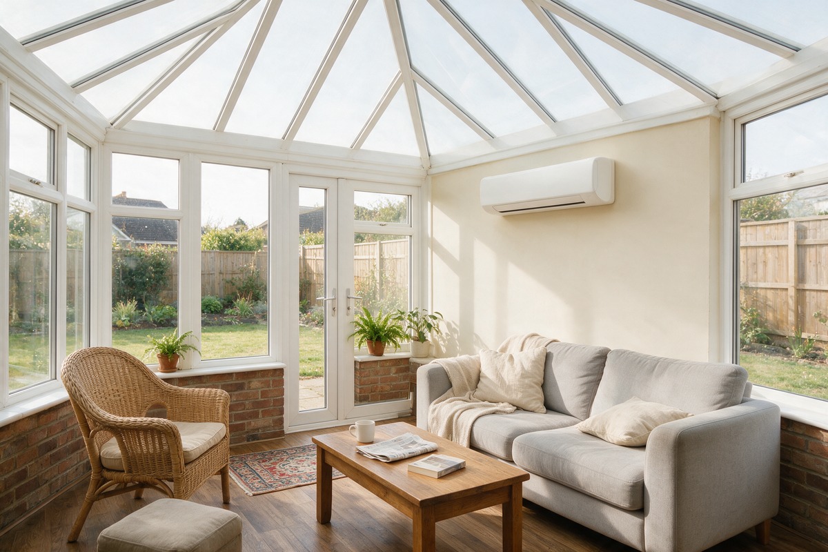 A conservatory in full sun, comfortable to sit in, with an air conditioning unit on the wall