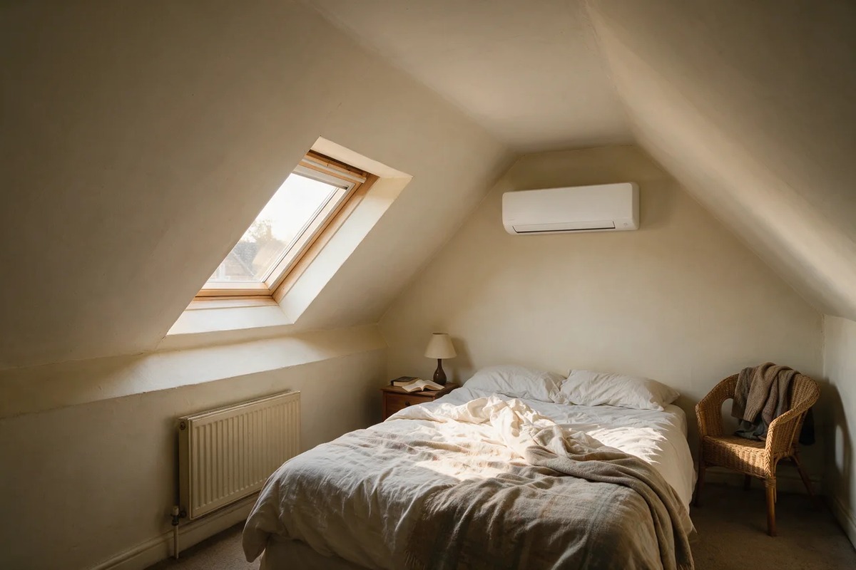 A loft room under sloping eaves with a roof window